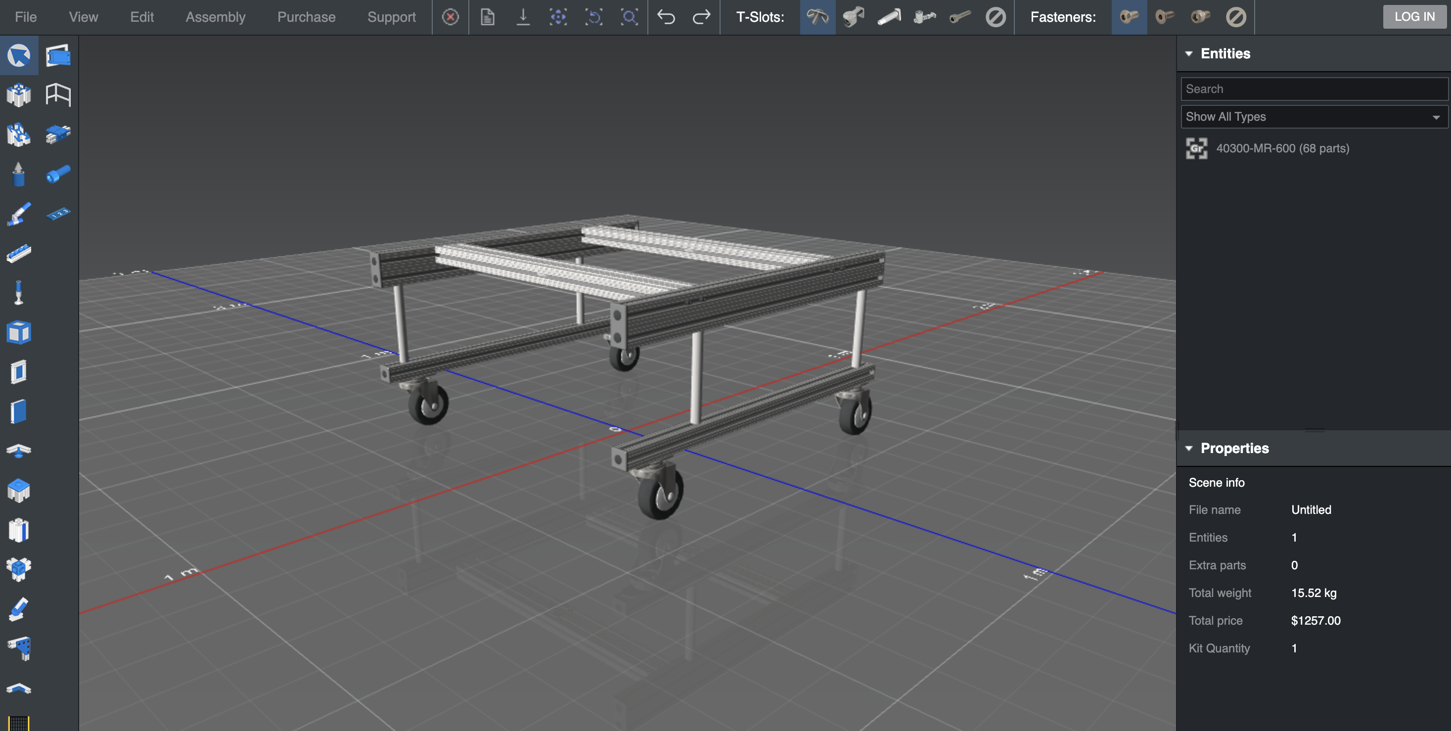 8020.net design software showing a wheeled extrusion workbench